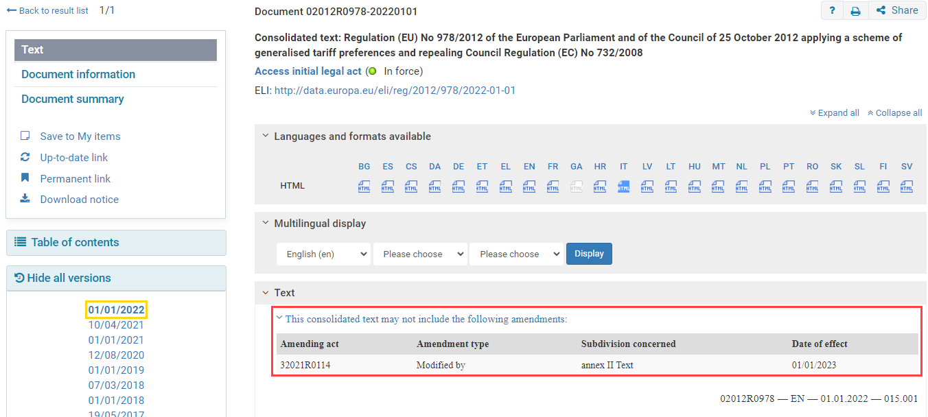Screenshot of the EUR-Lex message showing missing amendments
